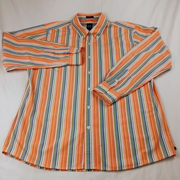 VTG GAP Orange, Blue & Green Striped LS Classic Cut Shirt Men's Size Large - Picture 2 of 5